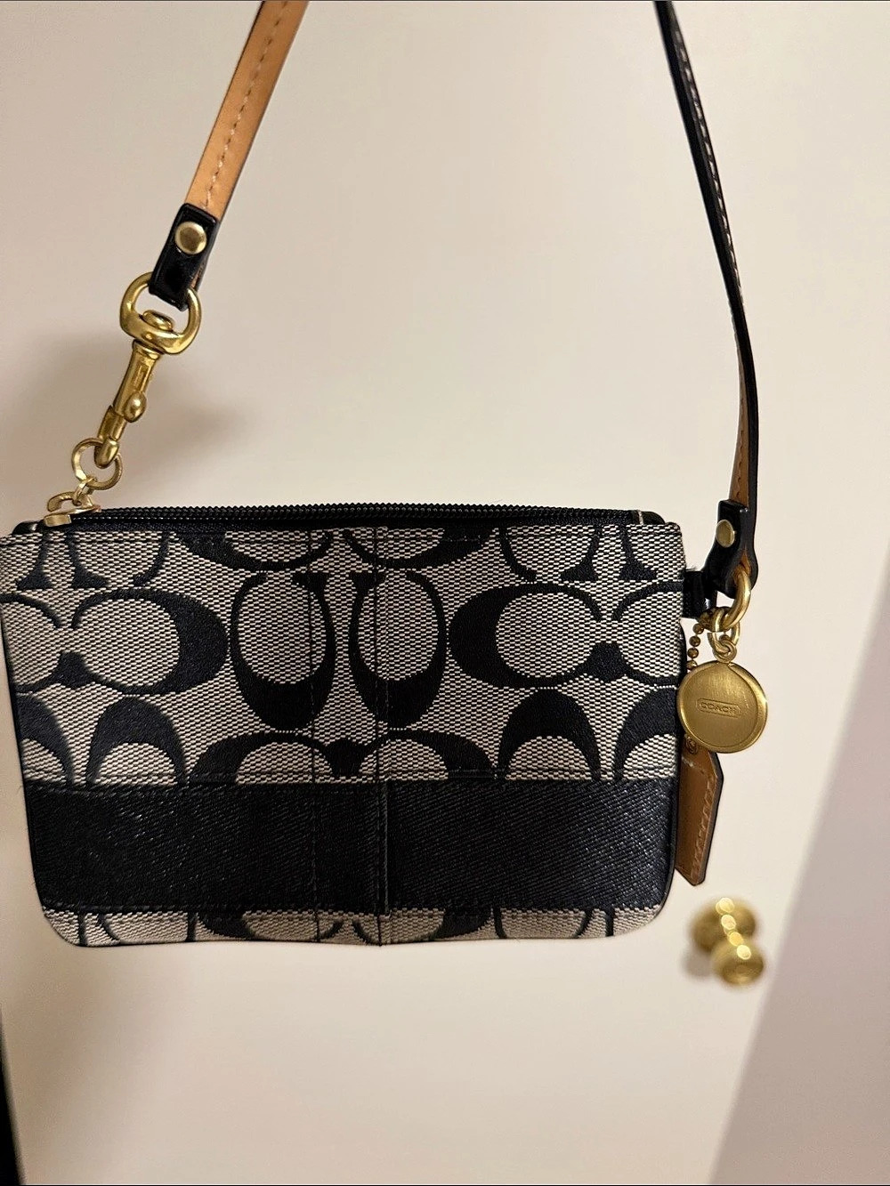 Coach Signature Demi Pouch Signature Wristlet in Black & White